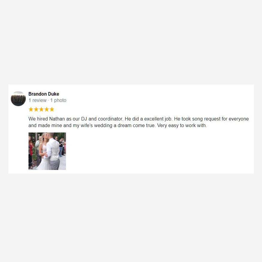 5 star rating review from bride Jada